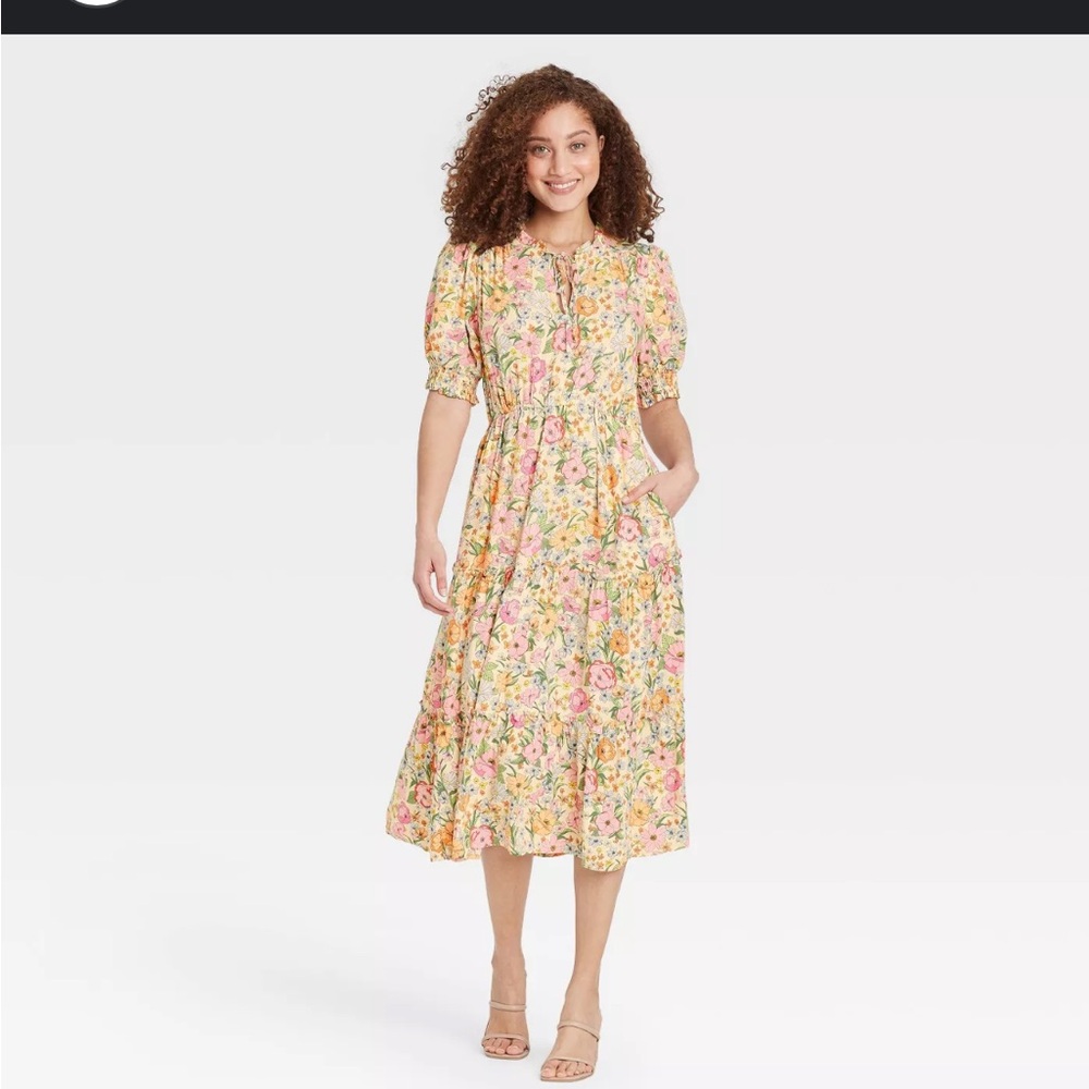 Who What Wear Yellow Orange Puff Sleeve Midi Dress